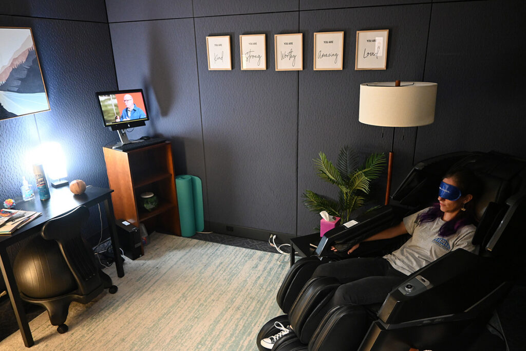 The Zen Den located at Keathley University Center 326-S on the campus of Middle Tennessee State University in Murfreesboro, Tenn., is available to students, faculty and staff seeking a place to relax and decompress. The room has a massage chair, cushions to lie on the ground, a desk and computer access, dim lighting, and background music.