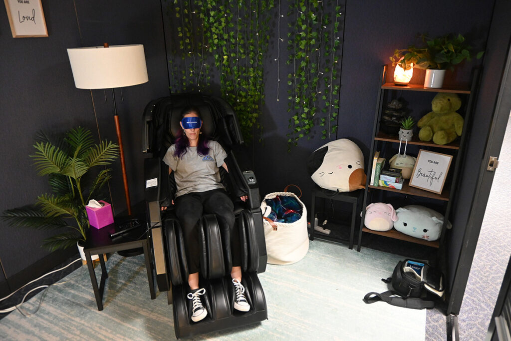 The Zen Den located at Keathley University Center 326-S on the campus of Middle Tennessee State University in Murfreesboro, Tenn., is available to students, faculty and staff seeking a place to relax and decompress. The room has a massage chair, cushions to lie on the ground, a desk and computer access, dim lighting, and background music.