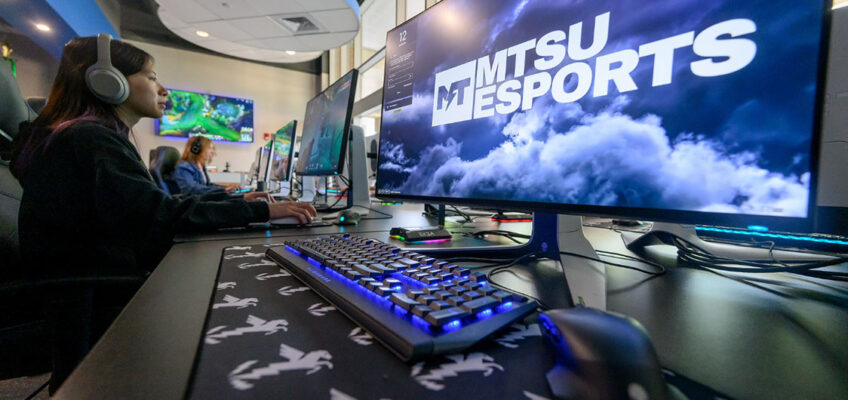 A Middle Tennessee State University student is seen here in the newly expanded Esports Level Up Arena located on the first floor of the Student Union Building on the Murfreesboro, Tenn., campus. The Level Up Arena provides a casual gaming space, console gaming space and competitive gaming space and is open to all MTSU students. (MTSU Photo by J. Intintoli)