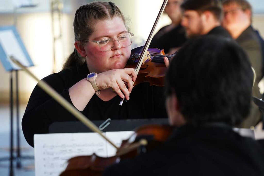Heather Benz, a music major at Middle Tennessee State University, plays the violin during the “Where Every Note Counts” scholarship campaign kickoff event on April 14, 2026, at the Miller Education Center in Murfreesboro, Tenn. (MTSU photo by Mike Davis)