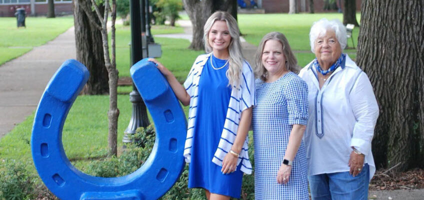 From left, Middle Tennessee State University College of Education student Meredith Powers stands at the Blue Horseshoe in Walnut Grove with her mom, Candace Moss Powers, and grandmother, Sarah June Hunter Moss, both of whom also attended the Murfreesboro, Tenn., university and were education majors. (Photo submitted)