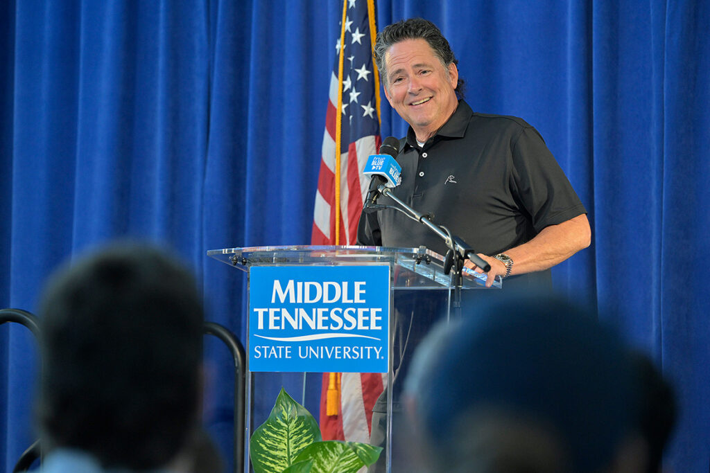 Eric Blankenship, co-owner of Gallatin-based All Access Coach Leasing, discusses his company’s decision to pledge $250,000 to the Center for Student Coaching and Success at Middle Tennessee State University in Murfreesboro, Tenn., during a special announcement on Tuesday, Oct. 6, 2026, in the second-floor atrium of the Miller Education Center on Bell Street, which houses the center. (MTSU photo by Andy Heidt).