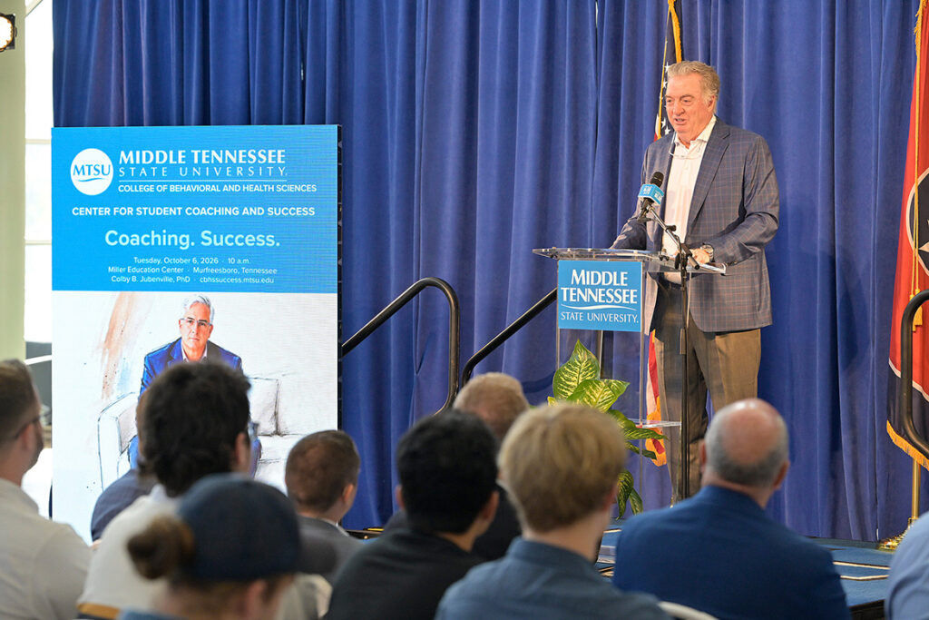 John Floyd, founder of Ole South Properties and member of the Middle Tennessee State University Board of Trustees, talks about his ongoing philanthropic support of MTSU’s Center for Student Coaching and Success as part of an announcement on Tuesday, Oct. 6, 2026, in the second-floor atrium of the Miller Education Center on Bell Street, which houses the center. (MTSU photo by Andy Heidt).
