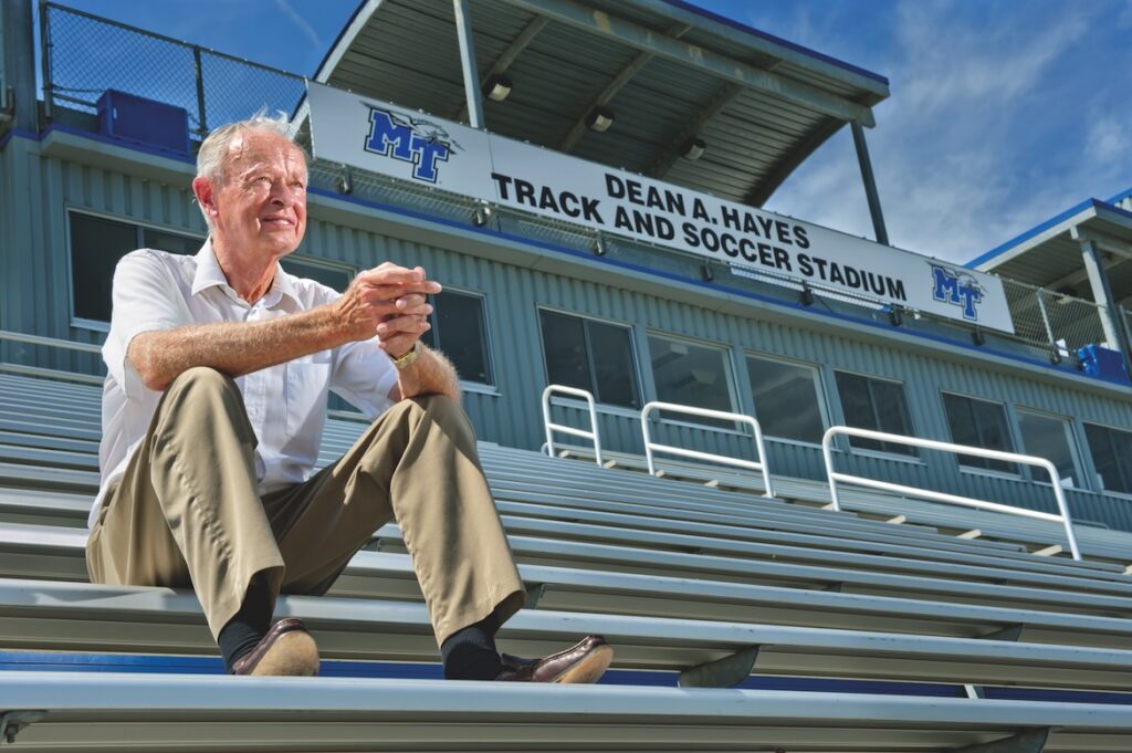 The late MTSU track and field coach Dean Hayes at the stadium named in his honor (MTSU photo by J. Intintoli)