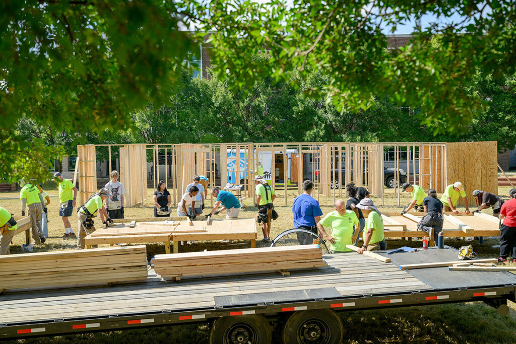 Student volunteers and seasoned Habitat for Humanity veterans work to frame out a house in just one day at Middle Tennessee State University’s annual panel build on Thursday, Oct. 1, 2026, on the Student Union Commons. The finished panels were relocated to Habitat’s Legacy Pointe Development in Murfreesboro, Tenn. (MTSU photo by J. Intintoli)