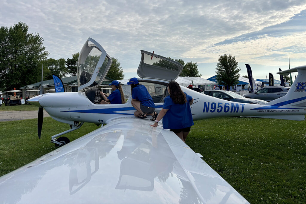 In this undated image, students in Middle Tennessee State University’s Department of Aerospace inspect one of its four-seat, low-wing composite Diamond DA40 aircraft that the department will display at the Music City STOL event taking place Oct. 9-10, 2026, at the Lebanon Municipal Airport in Lebanon, Tenn. (Submitted photo).