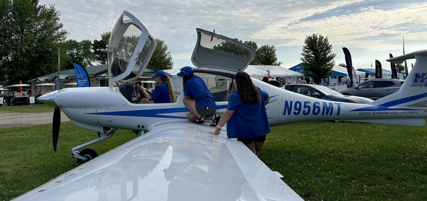 In this undated image, students in Middle Tennessee State University’s Department of Aerospace inspect one of its four-seat, low-wing composite Diamond DA40 aircraft that the department will display at the Music City STOL event taking place Oct. 9-10, 2026, at the Lebanon Municipal Airport in Lebanon, Tenn. (Submitted photo).