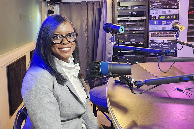 Tiffany Momon, director for the MTSU Center for Historic Preservation, awaits an Oct. 19 interview in WGNS Radio’s downtown Murfreesboro, Tenn., studio. (MTSU photo by Jimmy Hart).