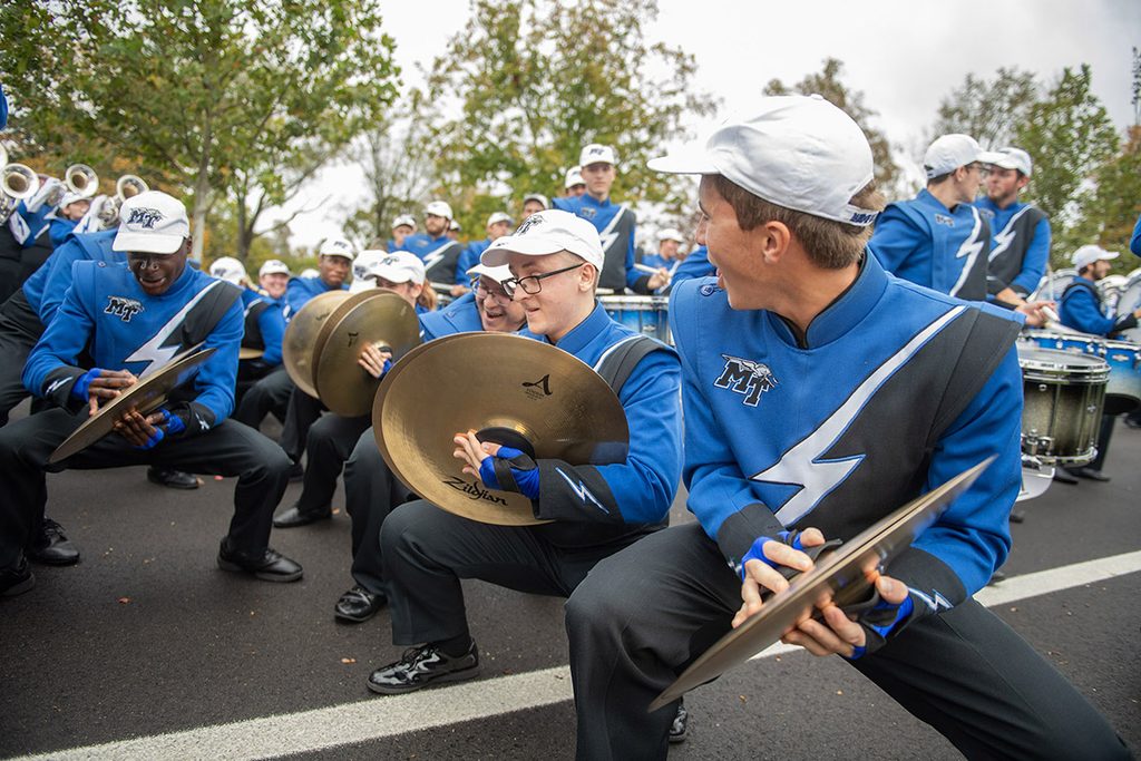 Middle Tennessee State University’s Band of Blue keeps the beat going every year at the Homecoming Parade. The 2026 Homecoming parade starts at 10 a.m. on Saturday, Nov. 7, on East Main Street at Maney Avenue, before turning left onto Middle Tennessee Boulevard and ending before Greenland Drive. (MTSU file photo by James Cessna)