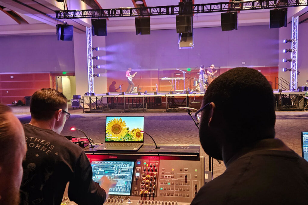 In this undated photo, Middle Tennessee State University Department of Recording Industry students work live sound during a rehearsal in the Student Union Ballroom on the Murfreesboro, Tenn., campus. (Submitted photo)