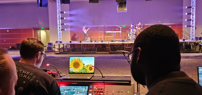 In this undated photo, Middle Tennessee State University Department of Recording Industry students work live sound during a rehearsal in the Student Union Ballroom on the Murfreesboro, Tenn., campus. (Submitted photo)