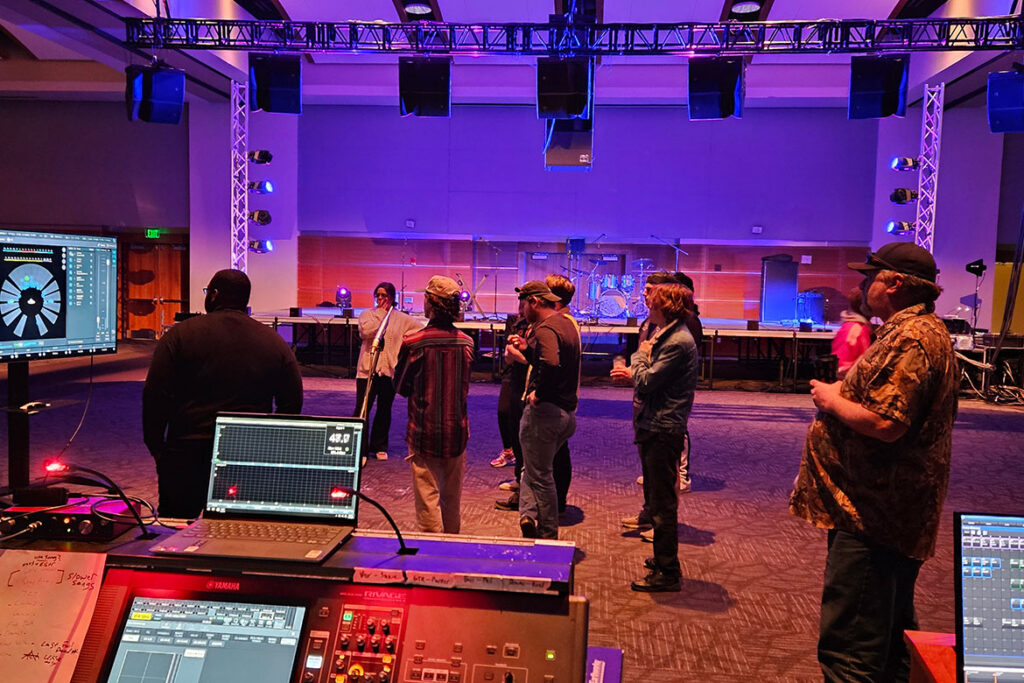 In this undated photo, students in Middle Tennessee State University’s Department of Recording Industry learn about L’Acoustics Live Sound in the Student Union Ballroom on the Murfreesboro, Tenn., campus from Arica Rust, who works in the education division for L-Acoustics. (Submitted photo)