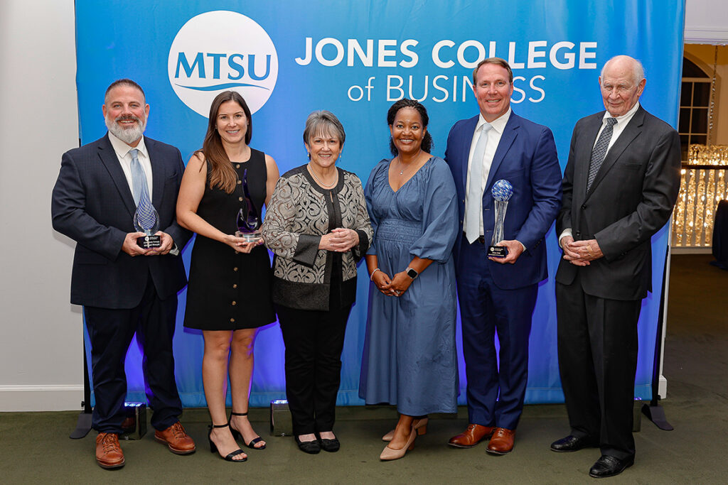 The Jennings A. Jones College of Business at Middle Tennessee State University in Murfreesboro, Tenn., presented its 2026 Leadership Awards during a ceremony held Thursday, Oct. 1, 2026, at Stones River Country Club in Murfreesboro, Tenn. Pictured, from left, are award recipients Michael Mangold and Jessica Sartain; Jones College Dean Joyce Heames; Yolanda Greene, community bank president for event co-sponsor First Horizon; award recipient Brian Kidd; and Aubrey Harwell Jr., holder of the Jennings A. Jones Chair of Excellence in Free Enterprise. (MTSU photo by Carl Edmondson).