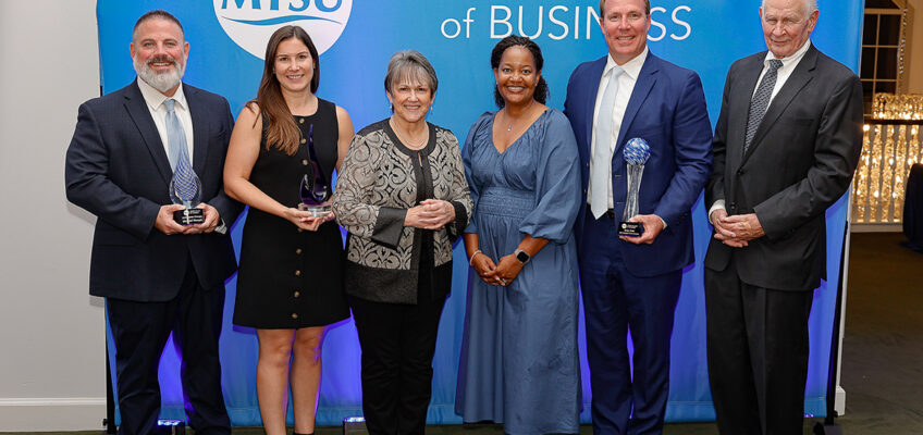 The Jennings A. Jones College of Business at Middle Tennessee State University in Murfreesboro, Tenn., presented its 2026 Leadership Awards during a ceremony held Thursday, Oct. 1, 2026, at Stones River Country Club in Murfreesboro, Tenn. Pictured, from left, are award recipients Michael Mangold and Jessica Sartain; Jones College Dean Joyce Heames; Yolanda Greene, community bank president for event co-sponsor First Horizon; award recipient Brian Kidd; and Aubrey Harwell Jr., holder of the Jennings A. Jones Chair of Excellence in Free Enterprise. (MTSU photo by Carl Edmondson).