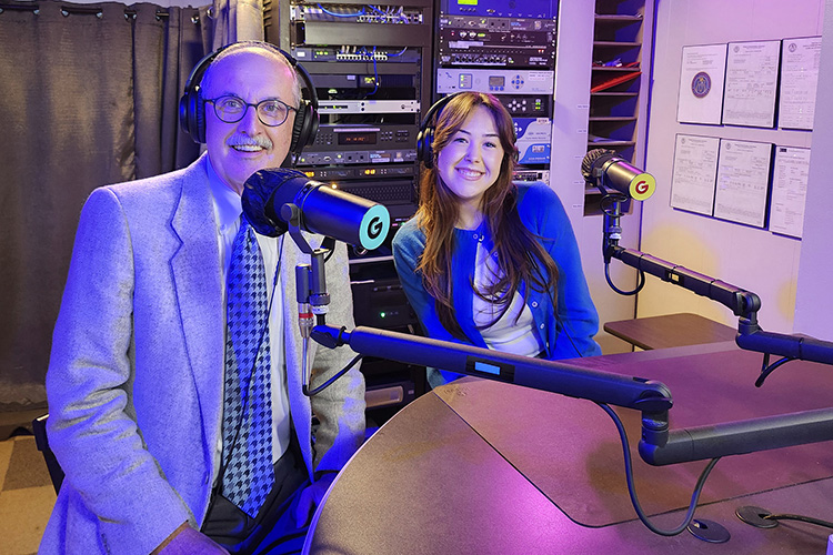 From left, Kenneth George, lecturer in the Department of Marketing and the senior Dale Carnegie Trainer at MTSU, and Natalie Stepien, graduate assistant in the Management Department, await an Oct. 19 interview in WGNS Radio’s downtown Murfreesboro, Tenn., studio. (MTSU photo by Jimmy Hart).