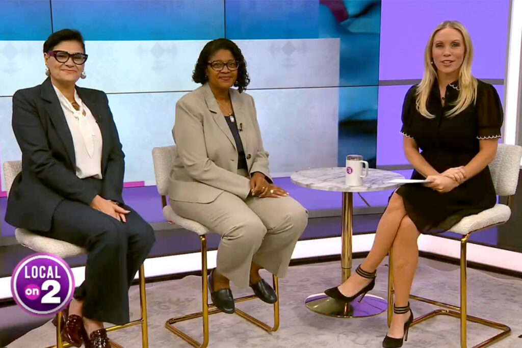 Middle Tennessee State University College of Liberal Arts associate dean Rehab (Rubie) Ghazal, left, Leah Tolbert Lyons, College of Liberal Arts dean, center, is shown with Stephanie Langston, host of WKRN-TV’s “MTSU on 2” segment, on Friday, Oct. 9, 2026, at the station’s studio in Nashville, Tenn., where the pair were interviewed about their roles in the creation of the The True Blue Character Blueprint: Building Character Education at MTSU" at the Murfreesboro, Tenn., campis. (Submitted photo)