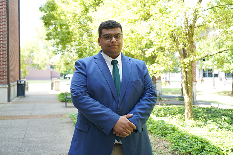 Middle Tennessee State University construction management major Lucas Daggs is shown in front of the Honors College building on campus in Murfreesboro, Tenn. (MTSU photo by Robin E. Lee).