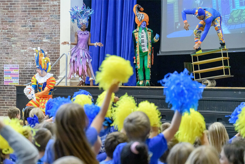 Four performers act out a scene during a special holiday-themed literacy event on Oct. 22, 2026, at Homer Pittard Campus School in Murfreesboro, Tenn., that featured a live reading of the children’s book “POMP, SNOW & CIRQUEumstance.” Held in the gymnasium of Campus School on Lytle Street, the event was a partnership between Middle Tennessee State University’s College of Education and Gaylord Opryland Resort, where the cirque production returns to Gaylord Opryland this season. Operated by Rutherford County Schools, Campus School is owned by MTSU and serves as a learning laboratory for the university’s student teachers. (MTSU photo by J. Intintoli)