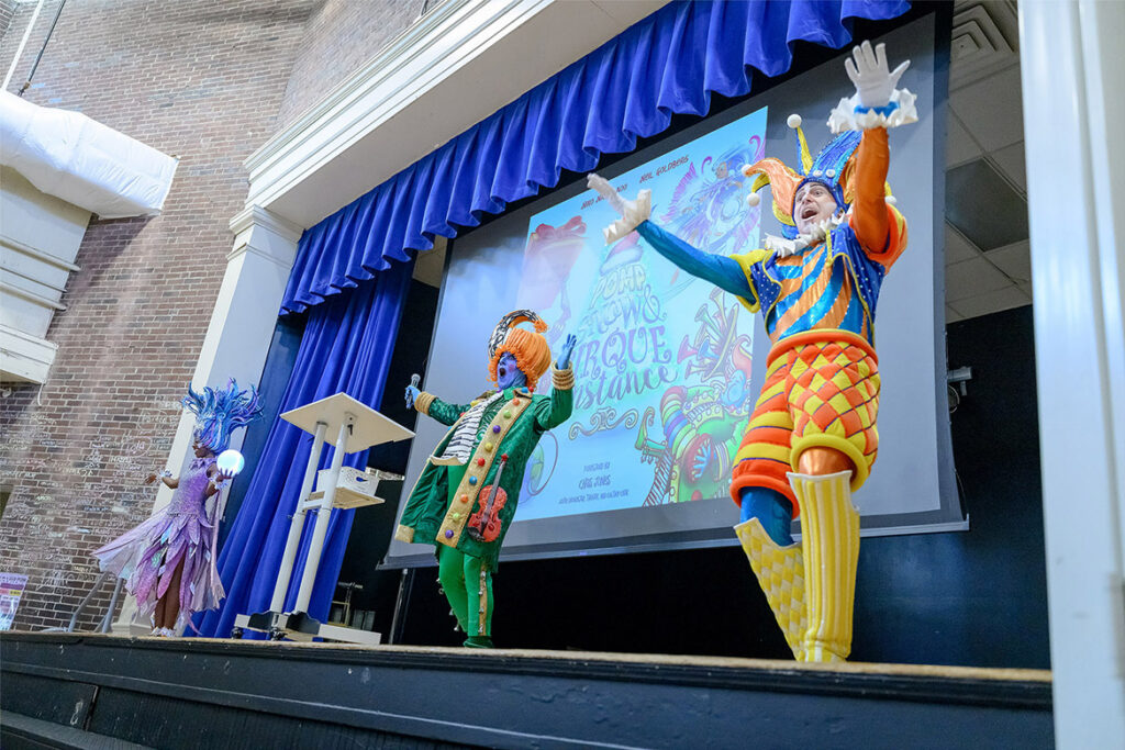 The children’s book characters Snow, Pomp and Cirqueumstance interact with students during a special holiday-themed literacy event on Oct. 22, 2026, at Homer Pittard Campus School in Murfreesboro, Tenn. (MTSU photo by J. Intintoli)