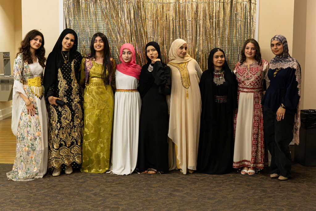 A group of Middle Tennessee State University students dressed in their cultural clothing for the SWANA (Southwest Asia and Northeast Africa) Culture Gala held on Oct. 5, 2026, in the Tom H. Jackson Building on campus in Murfreesboro, Tenn. The traditional clothing is typically made up of an underdress, an overdress, and some kind of cape. The clothing often features a gold belt or jewelry. (MTSU photo by Katelynn Liedtke).