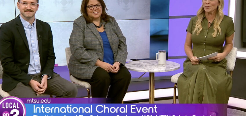 From left, Matt Taylor, director of choral activities at Middle Tennessee State University, and Jennifer Snodgrass, director of the MTSU School of Music, speak with WKRN-TV host Stephanie Langston inside the station’s studios for the Friday, Oct. 23, “MTSU on 2” segment about a recent joint private performance between the MTSU Schola Cantorum and the Bahamian student choir on campus in Murfreesboro, Tenn. (Screen capture from WKRN-TV YouTube).