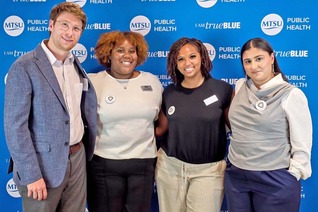 From left, Middle Tennessee State University Public Health Program students Greylon Gawaluck, Hailey Russell, Saniyya Harville and Dilman Mahmoud, pose for a photo at the program’s annual PHamily Dinner held in September 2026 in Murfreesboro, Tenn. (Submitted photo)
