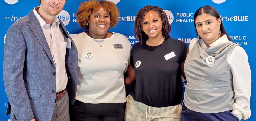From left, Middle Tennessee State University Public Health Program students Greylon Gawaluck, Hailey Russell, Saniyya Harville and Dilman Mahmoud, pose for a photo at the program’s annual PHamily Dinner held in September 2026 in Murfreesboro, Tenn. (Submitted photo)