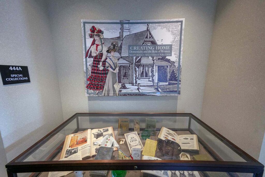 “Creating Home: Domesticity and the Role of Women” is the latest exhibit on display at Special Collections in James E. Walker Library at Middle Tennessee State University in Murfreesboro, Tenn. One of the display cases features a Victorian-era collection of literature focused on creating a home and maintaining a household, including the multivolume “Cassell’s Household Guide,” among other pamphlets and artifacts representative of the era. (MTSU photo by Andy Heidt)