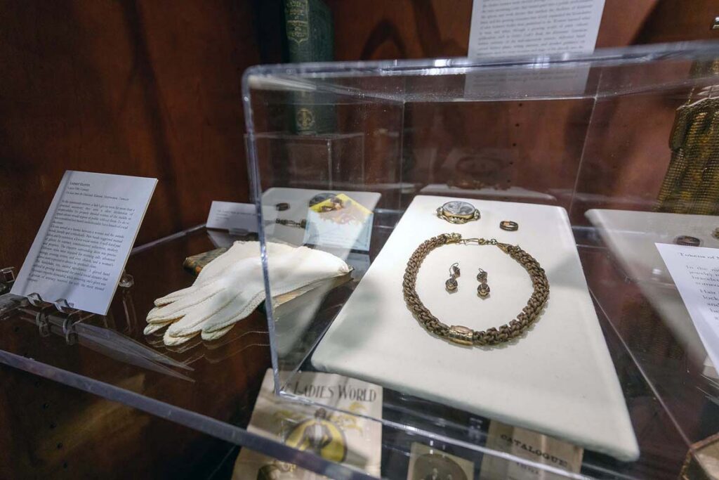 Victorian-era hair jewelry — items made from weaving real human hair into wearable art — is on display as part of the “Creating Home: Domesticity and the Role of Women” exhibit on display at Special Collections in James E. Walker Library at Middle Tennessee State University in Murfreesboro, Tenn., on loan from Oaklands Mansion historic house museum in Murfreesboro. A free interactive presentation on “Weaving History Strand by Strand: A History of Victorian Hair Work” will take place in Walker Library Room 444 at 4:30 p.m. Thursday, Nov. 5. (MTSU photo by Andy Heidt)