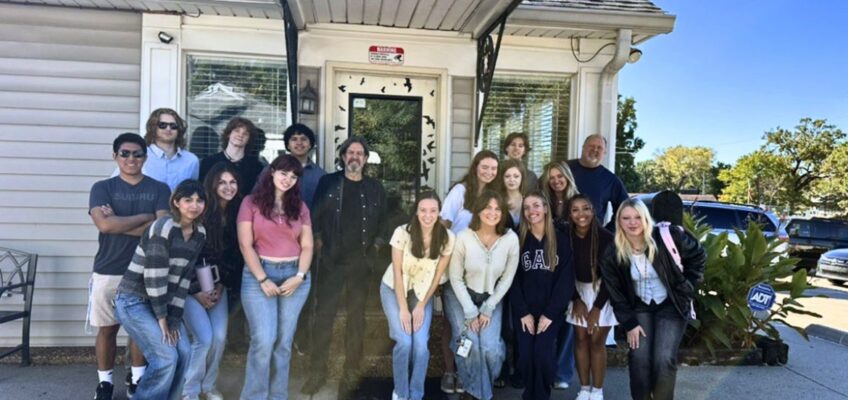 Middle Tennessee State University Department of Recording Industry professor Odie Blackmon, back row, far right, takes a photo on Oct. 7, 2026, with his students outside of Blackbird Studios in Berry Hill, Tenn., where artists like Taylor Swift and Dolly Parton have recorded. (Photo submitted)