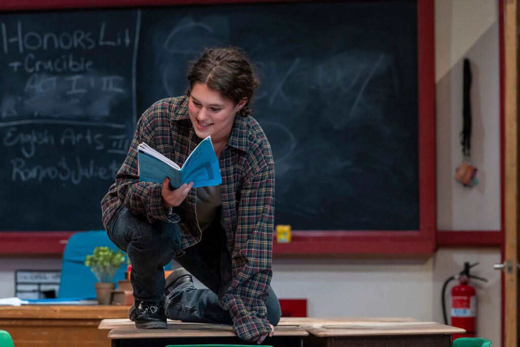 Middle Tennessee State University theatre student Norah Younger performs a scene during rehearsals for the Nashville Repertory Theatre’s production of “John Proctor Is the Villain,” running through Oct. 18, 2026, at the Tennessee Performing Arts Center’s Johnson Theater in Nashville, Tenn. Younger plays the role of Shelby Holcomb. (Photo by Chad Driver)